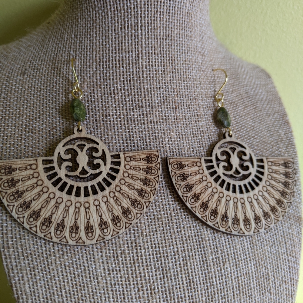 Large Statement Wooden Mandala Earrings - Picture 2 of 6